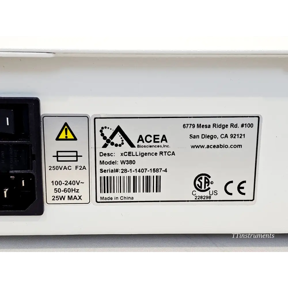 xCELLigence RTCA W380 rear label close-up showing model W380, serial number, voltage rating and CE/CSA marks