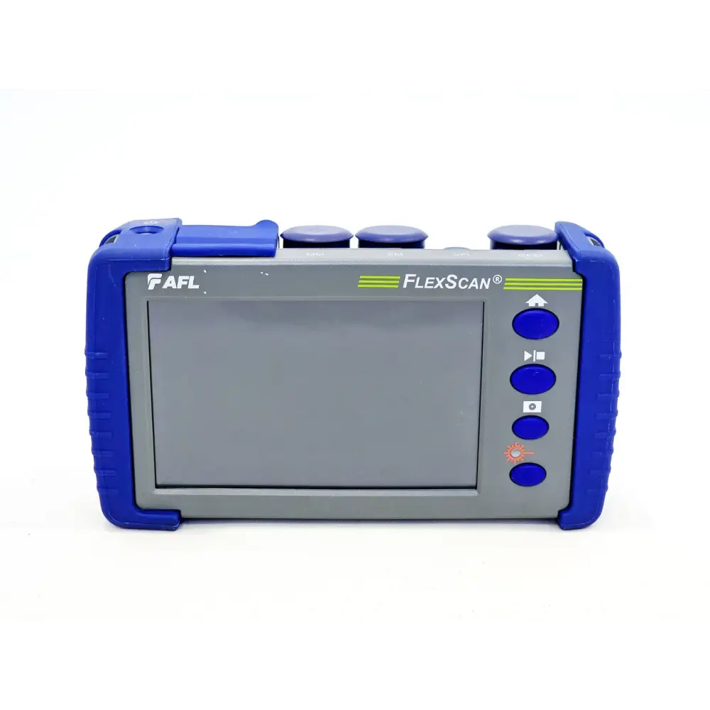AFL FlexScan FS300-325 Quad OTDR front face showing 5-inch touchscreen display and four blue navigation buttons