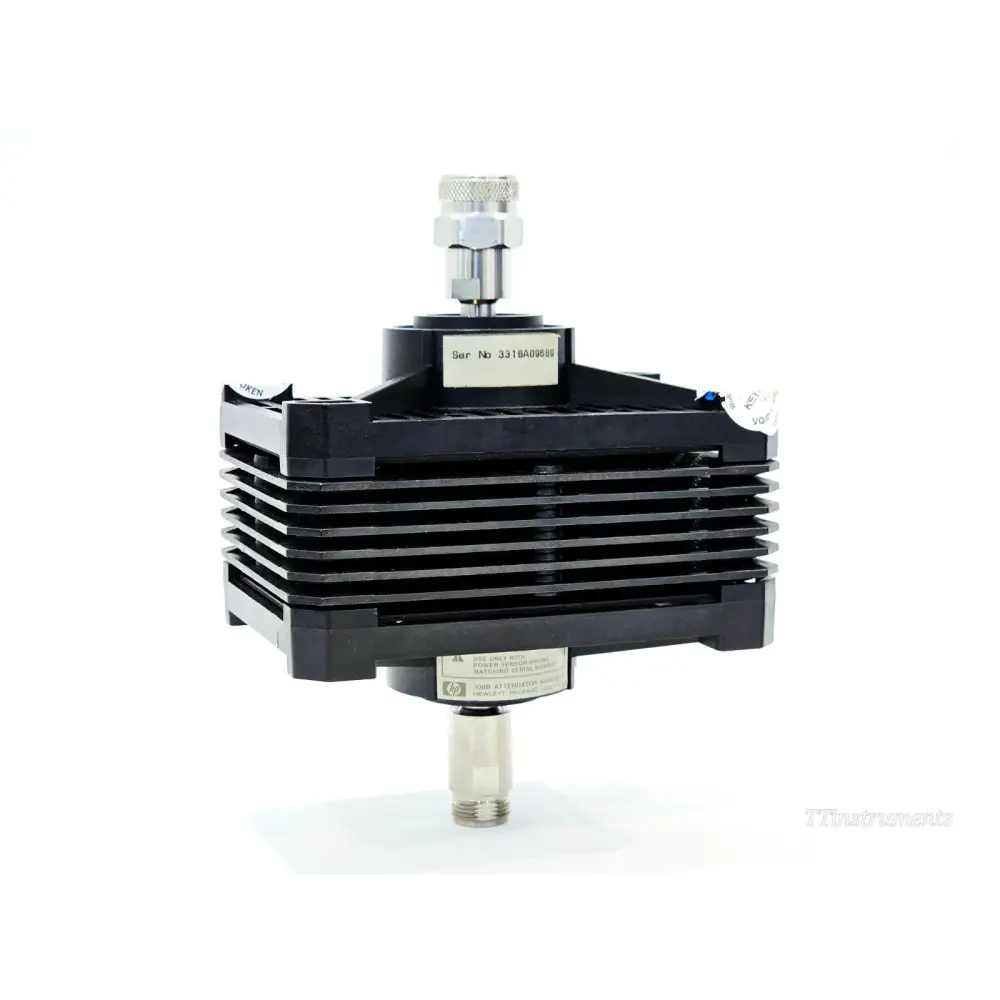Agilent 8498A 30dB high-power attenuator front-angle view showing serial label and Type-N connectors