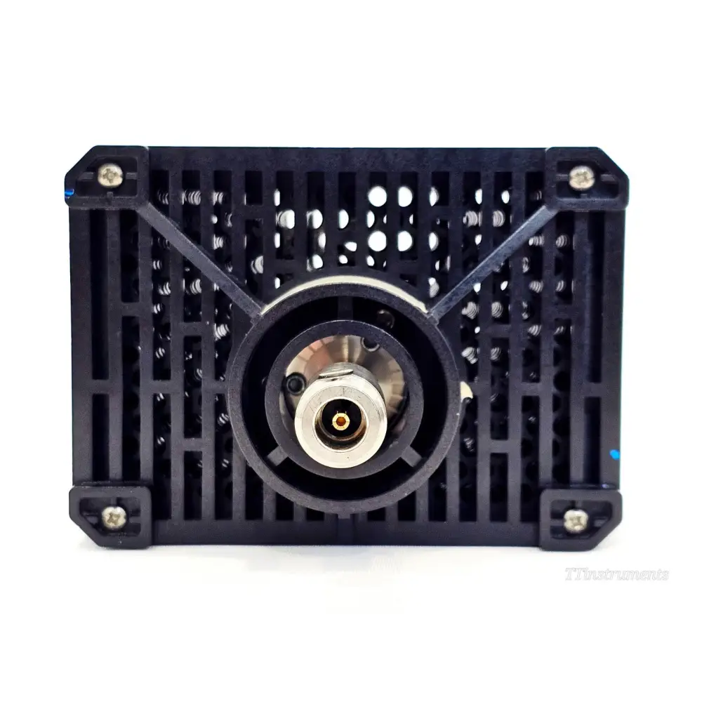 Agilent 8498A 30dB attenuator rear end view showing vented heatsink panel and central Type-N connector port