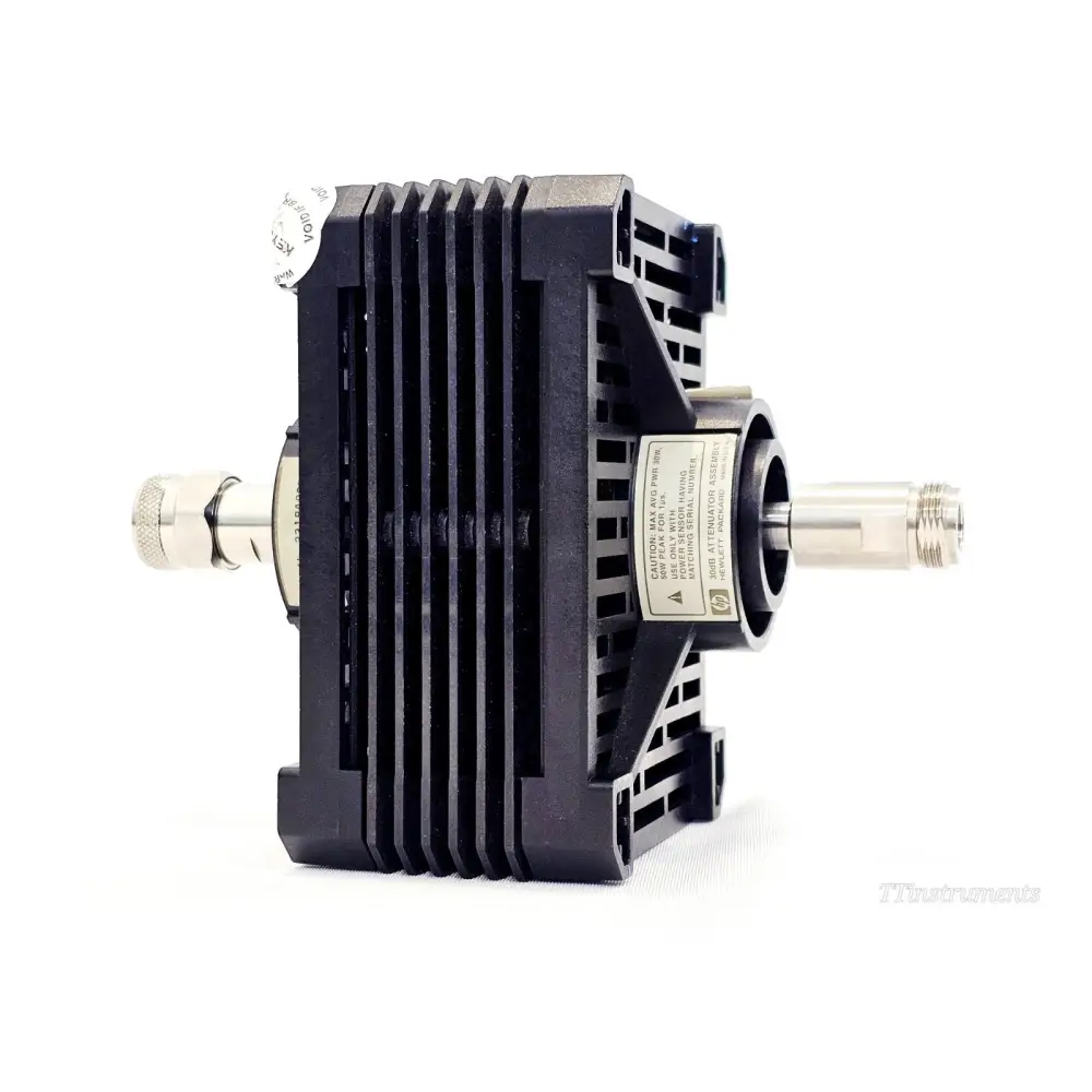 Agilent 8498A 30dB attenuator side view showing HP label, caution warning and Type-N connectors