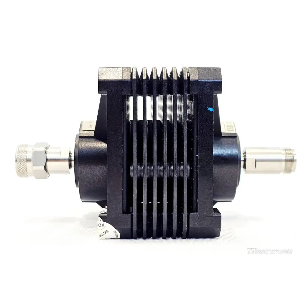 Agilent 8498A 30dB attenuator top-down view showing finned heatsink and both Type-N male and female connectors