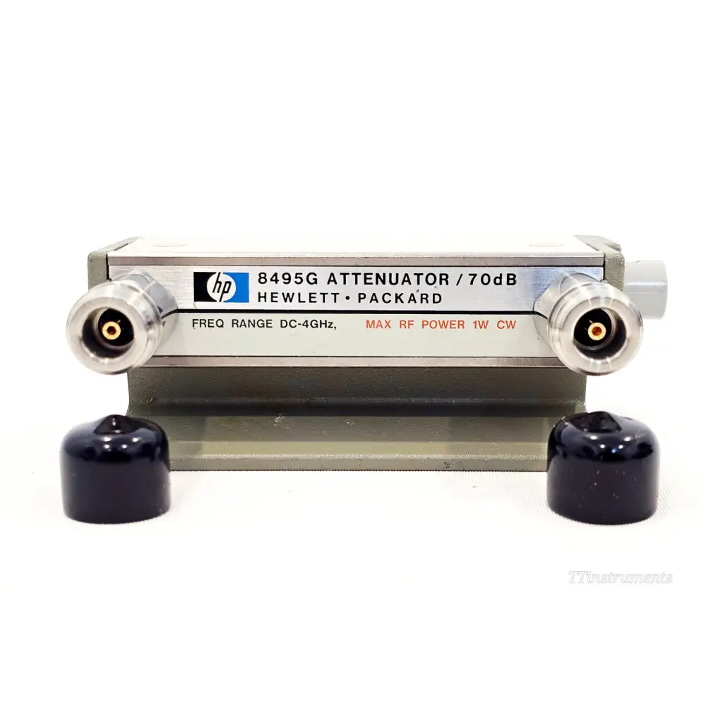 HP Agilent 8495G 70dB Step Attenuator front view showing Type-N female connectors and label — DC-4GHz 1W CW