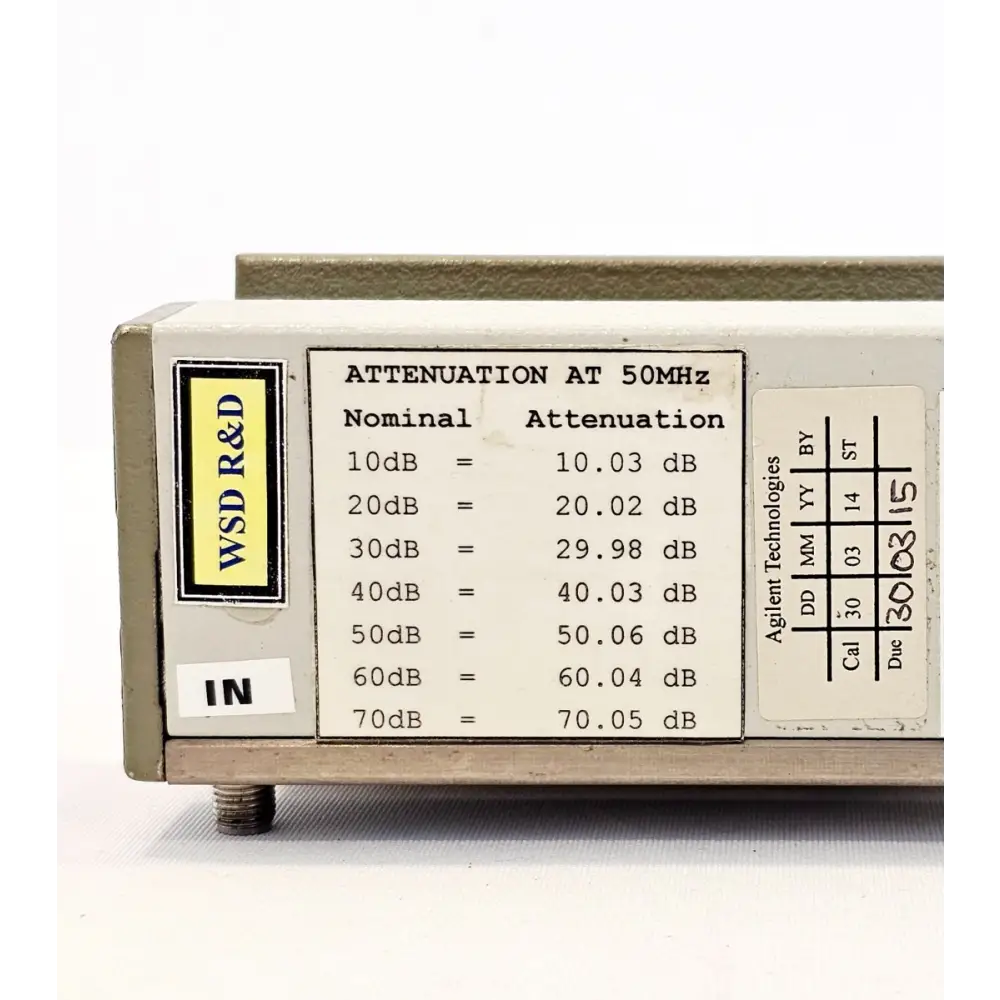 Agilent 8495H attenuator side panel with WSD R&D attenuation verification label and Agilent Technologies calibration sticker dated 30/03/14