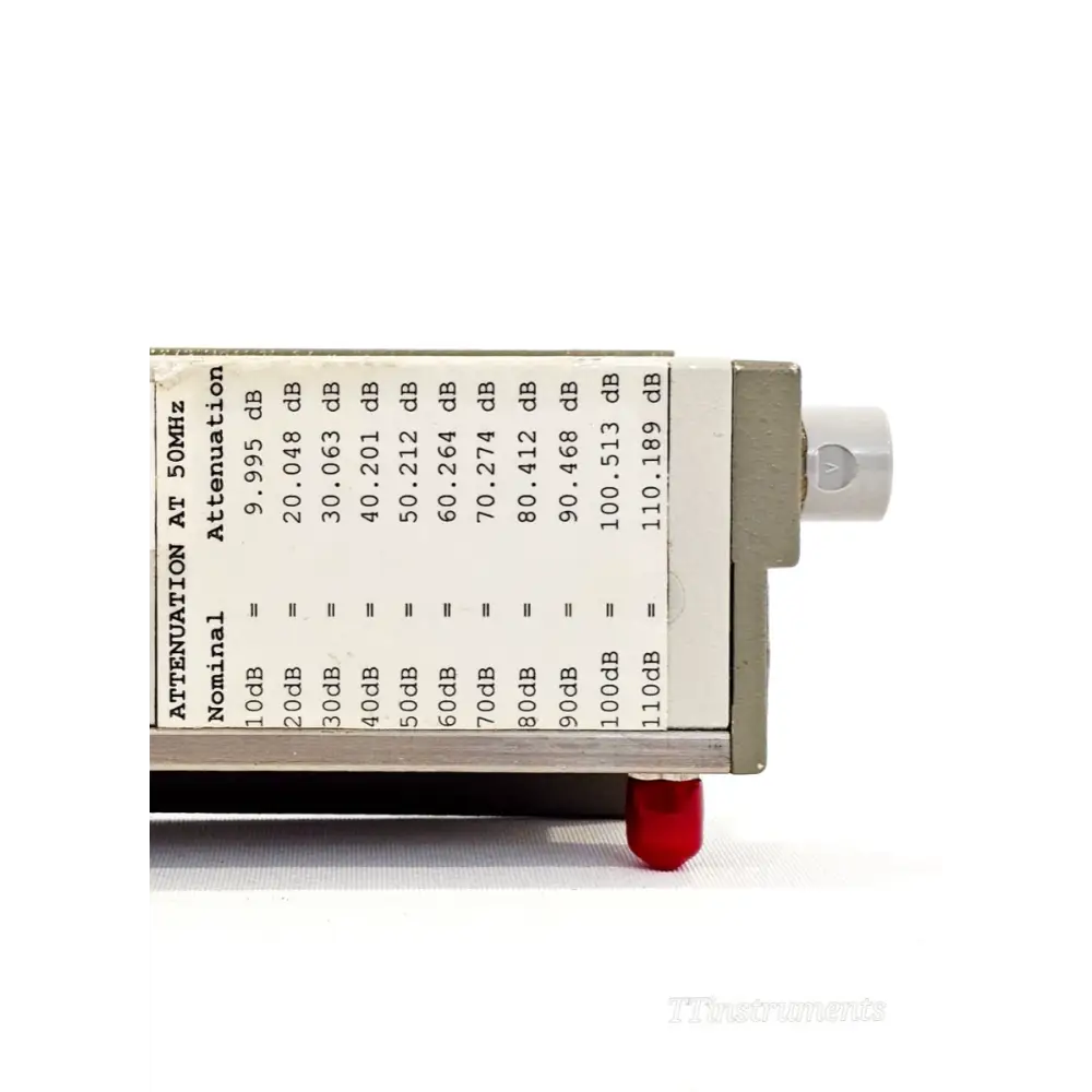 Agilent 8496H top panel attenuation calibration table at 50 MHz showing measured values from 10 dB to 110 dB