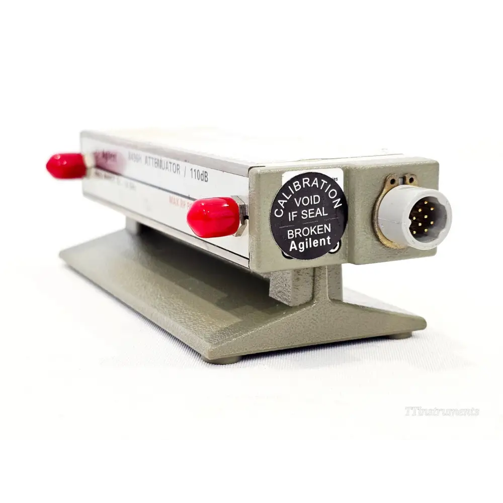 Agilent 8496H attenuator right-side view showing 12-pin Viking programming connector and Agilent calibration seal
