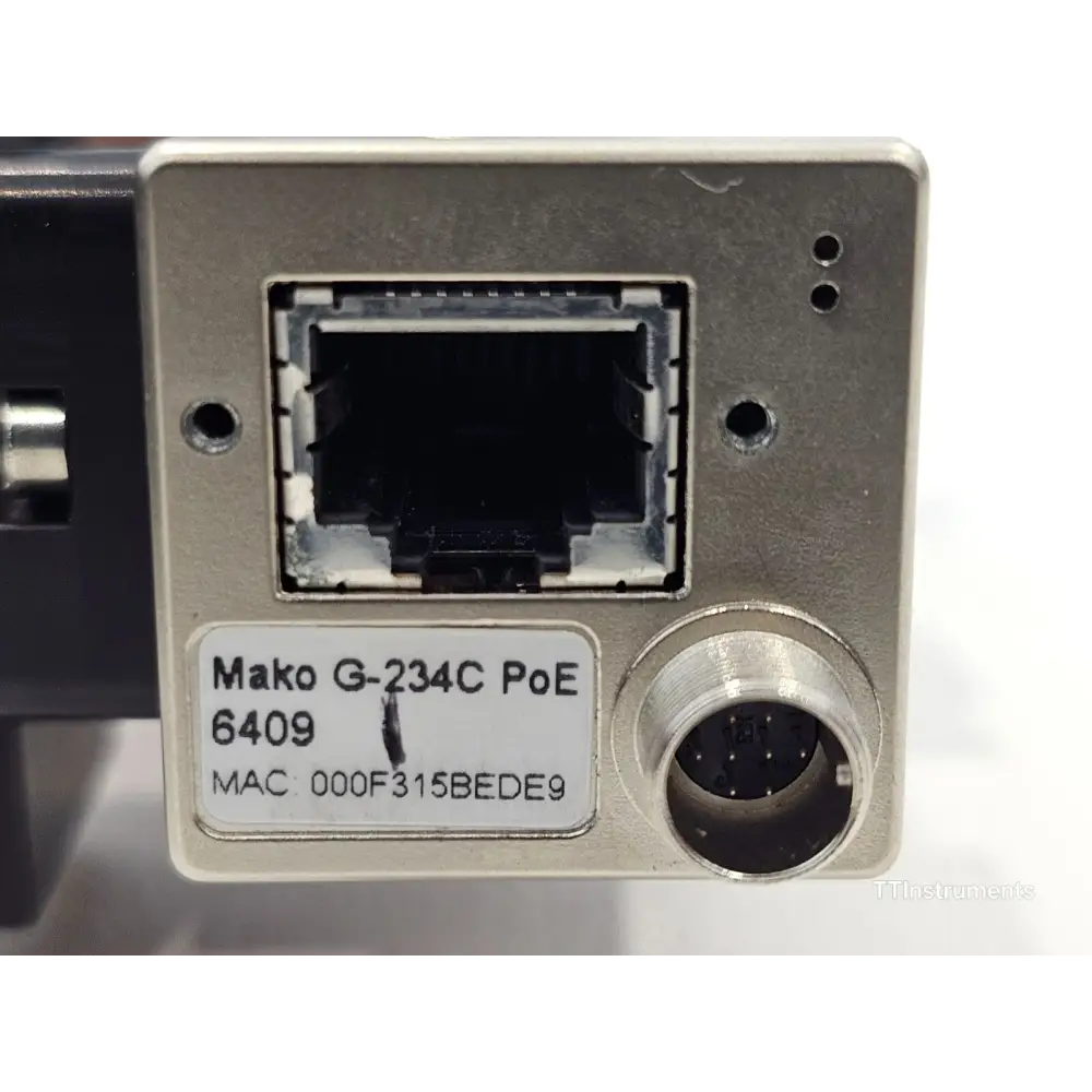 Allied Vision Mako G-234C PoE rear label close-up showing model name, serial 6409 and MAC 000F315BEDE9