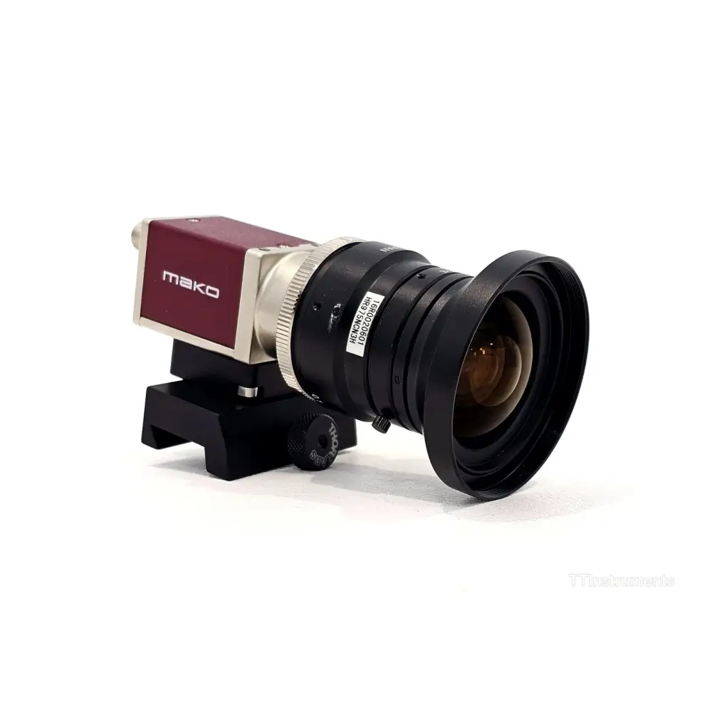 Allied Vision Mako G-234C GigE camera with Kowa LM8HC 8mm lens on Thorlabs rail mount, front-left angle