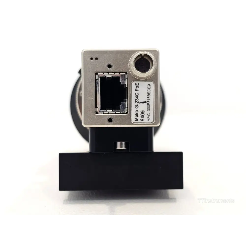 Allied Vision Mako G-234C PoE GigE camera rear panel showing RJ45 GigE port, 8-pin I/O connector, model label s/n 6409