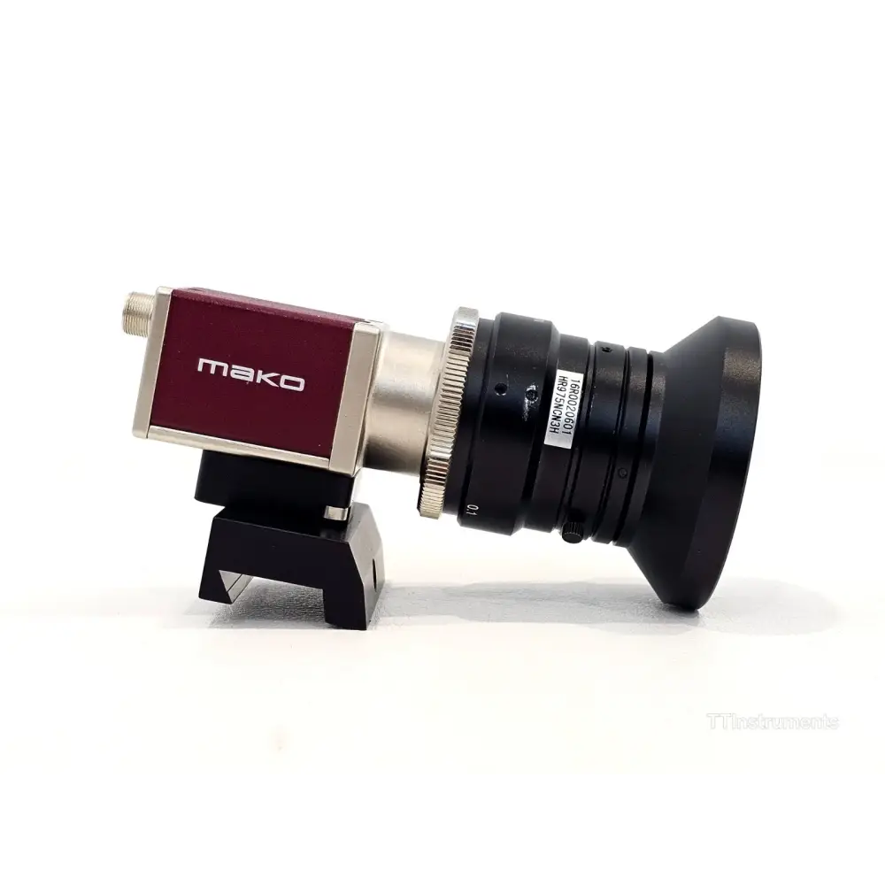 Allied Vision Mako G-234C camera right-side view with Kowa LM8HC lens and label showing serial number on Thorlabs mount
