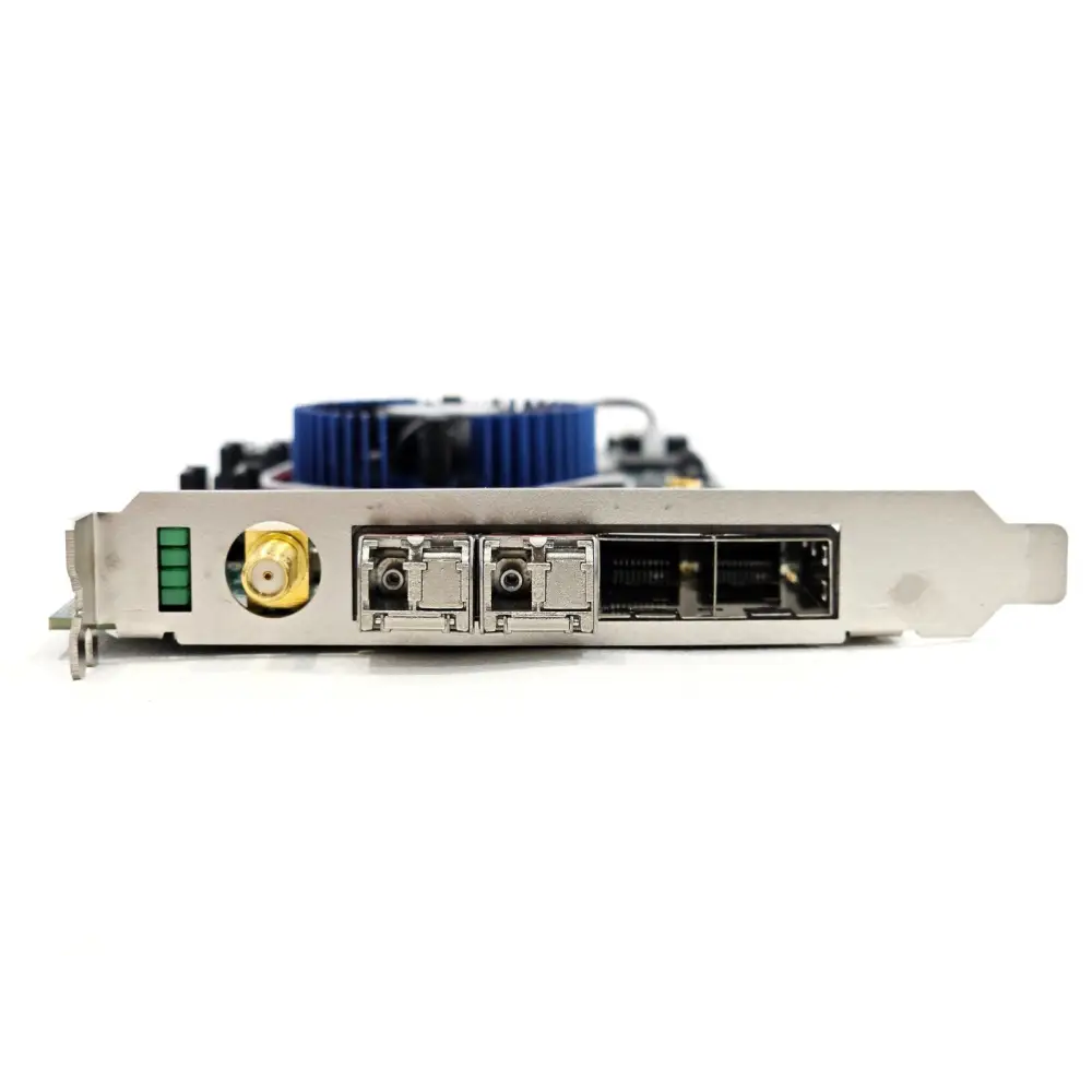 DE5-Net TR5-F45M rear bracket detail showing four 10G SFP+ cage connectors and PCIe x8 gold edge fingers