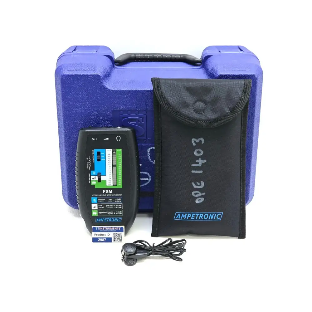 Ampetronic FSM IEC60118-4 Field Strength Meter — front view showing LED display and colour-coded measurement mode indicators