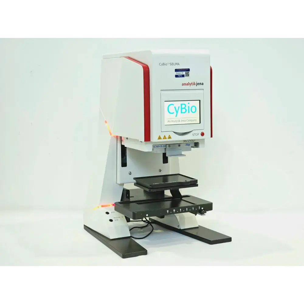Analytik Jena CyBio SELMA OL7001-26-213 96/250µl pipetting station front-left angle, touchscreen displaying CyBio logo