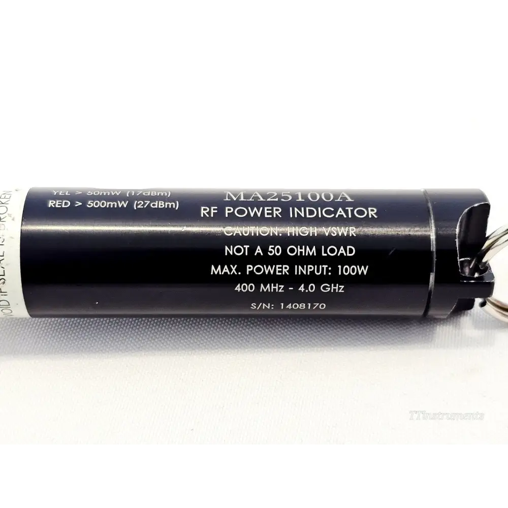 Anritsu MA25100A RF Power Indicator body label showing 400 MHz–4.0 GHz, 100W max, S/N 1408170