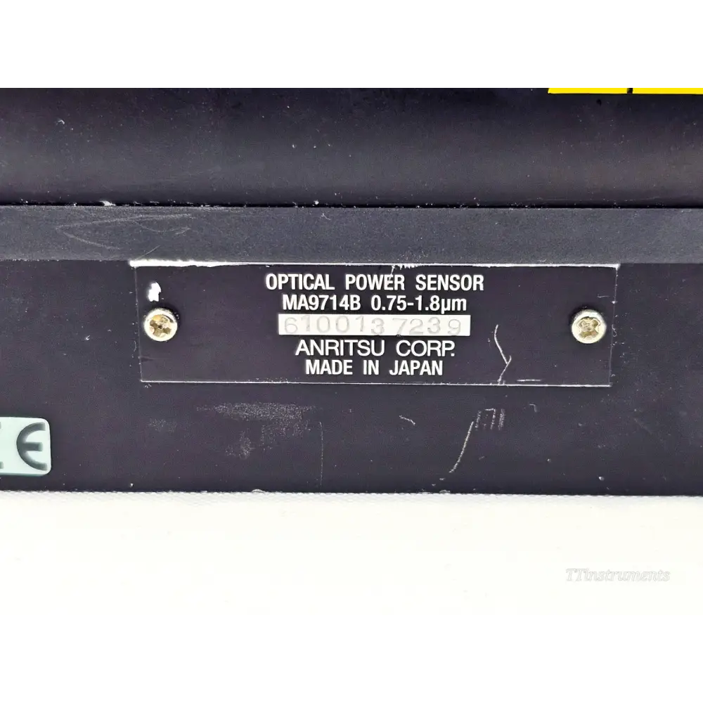 Anritsu MA9714B close-up of identification label showing model MA9714B 0.75-1.8um serial number 6100137239 Anritsu Corp Japan
