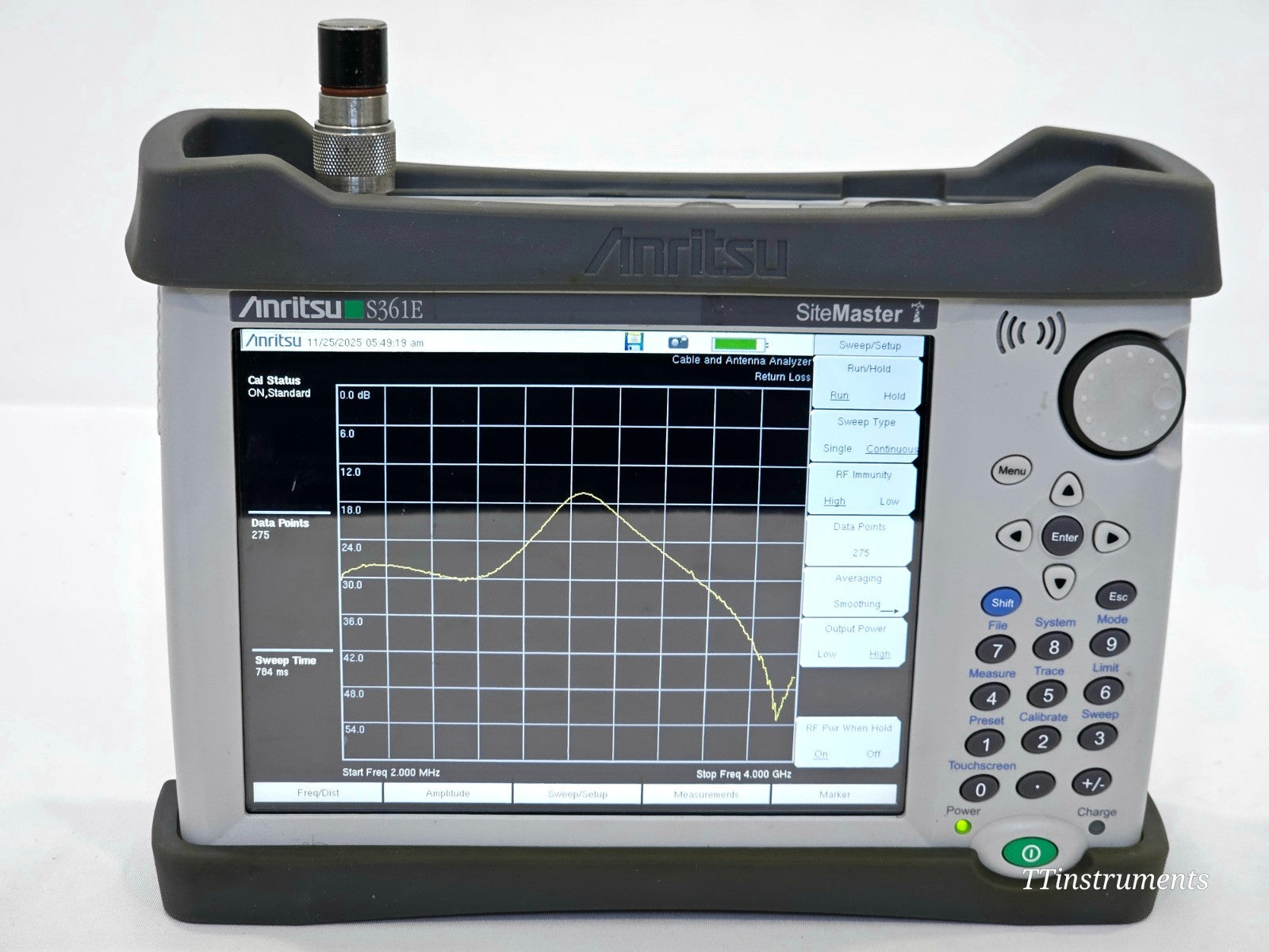Anritsu S361E SiteMaster rear panel showing battery compartment and product label