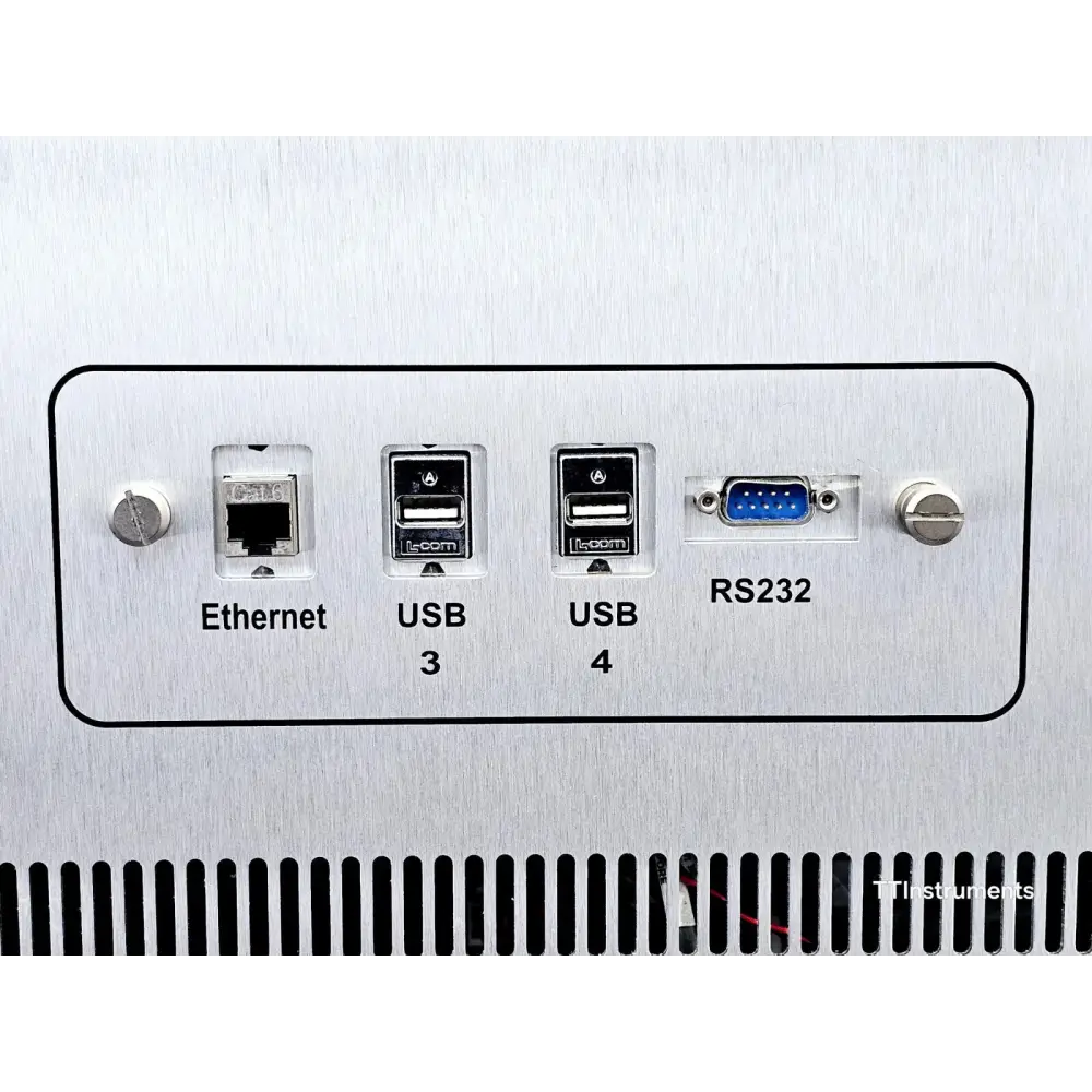QuantStudio 12K Flex rear connectivity panel close-up showing Ethernet, USB 3, USB 4, and RS232 ports labelled