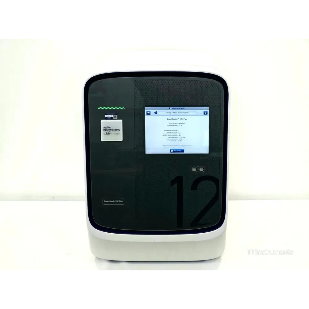 Applied Biosystems QuantStudio 12K Flex PCR System front view showing touchscreen with firmware v1.2.18 and S/N 285881006