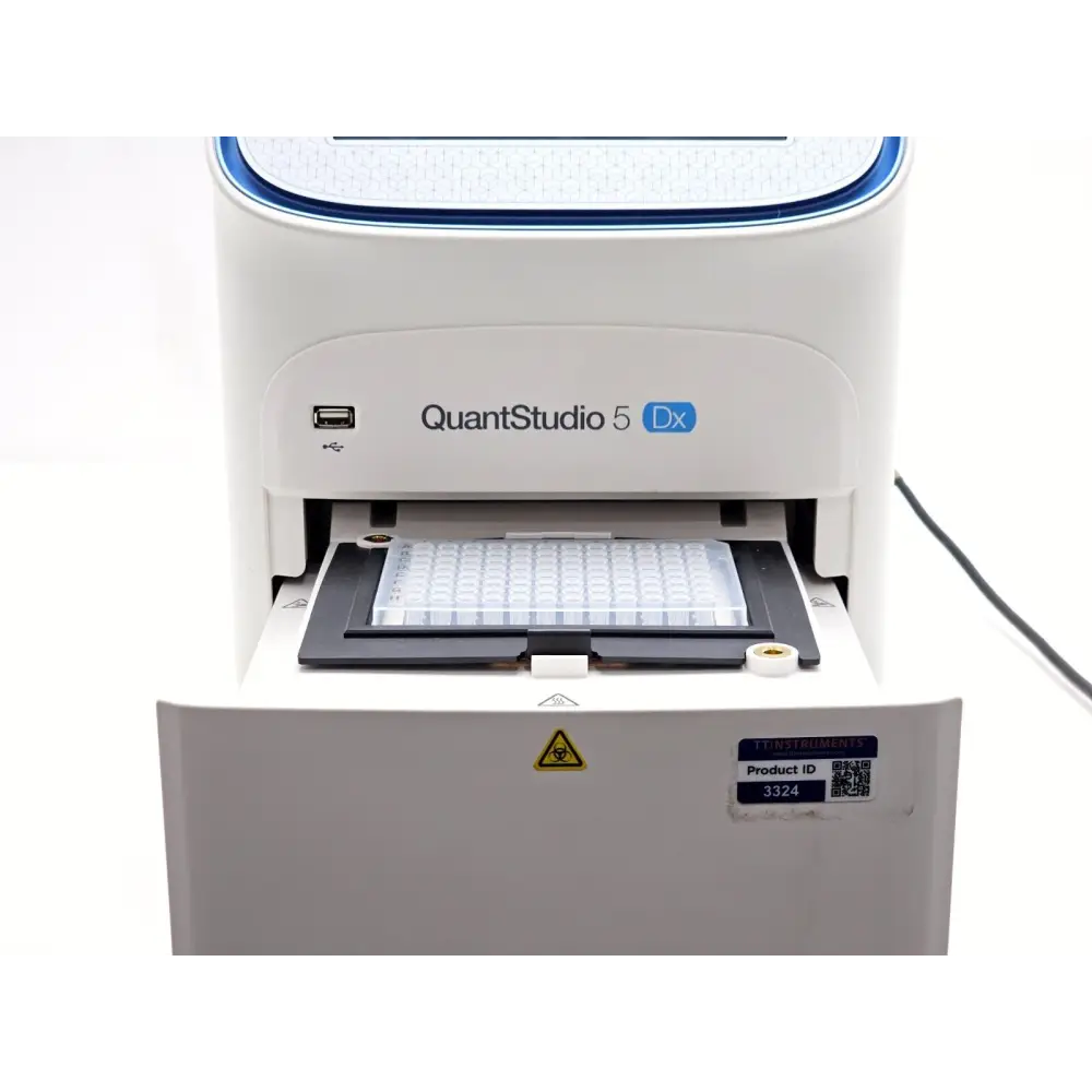 QuantStudio 5 Dx Real-Time PCR System on laboratory bench showing overall scale and condition