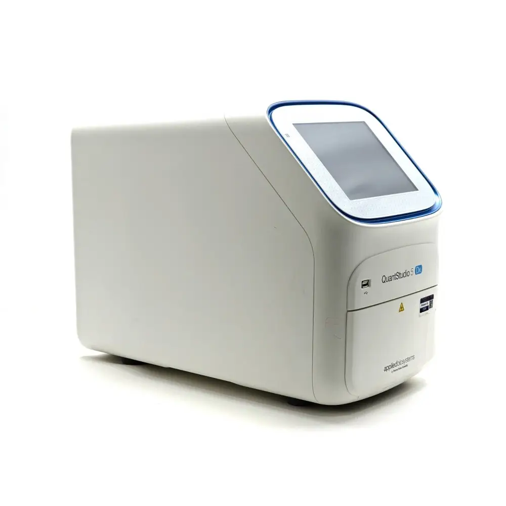 QuantStudio 5 Dx qPCR instrument showing front-facing motorised 96-well sample block in open position