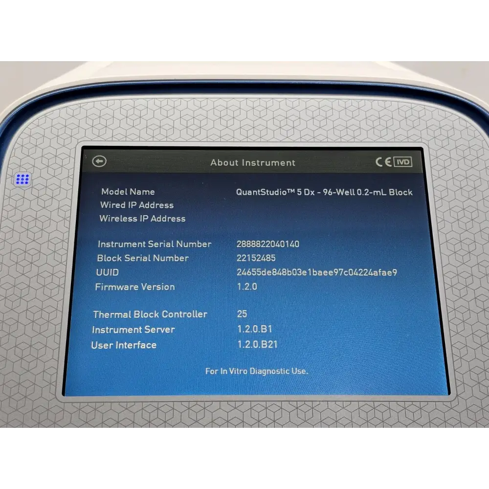 Applied Biosystems QuantStudio 5 Dx instrument label and serial number plate detail view