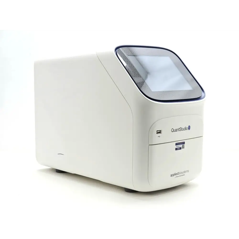 QuantStudio 5 real-time PCR system front panel with touchscreen interface and instrument status indicators