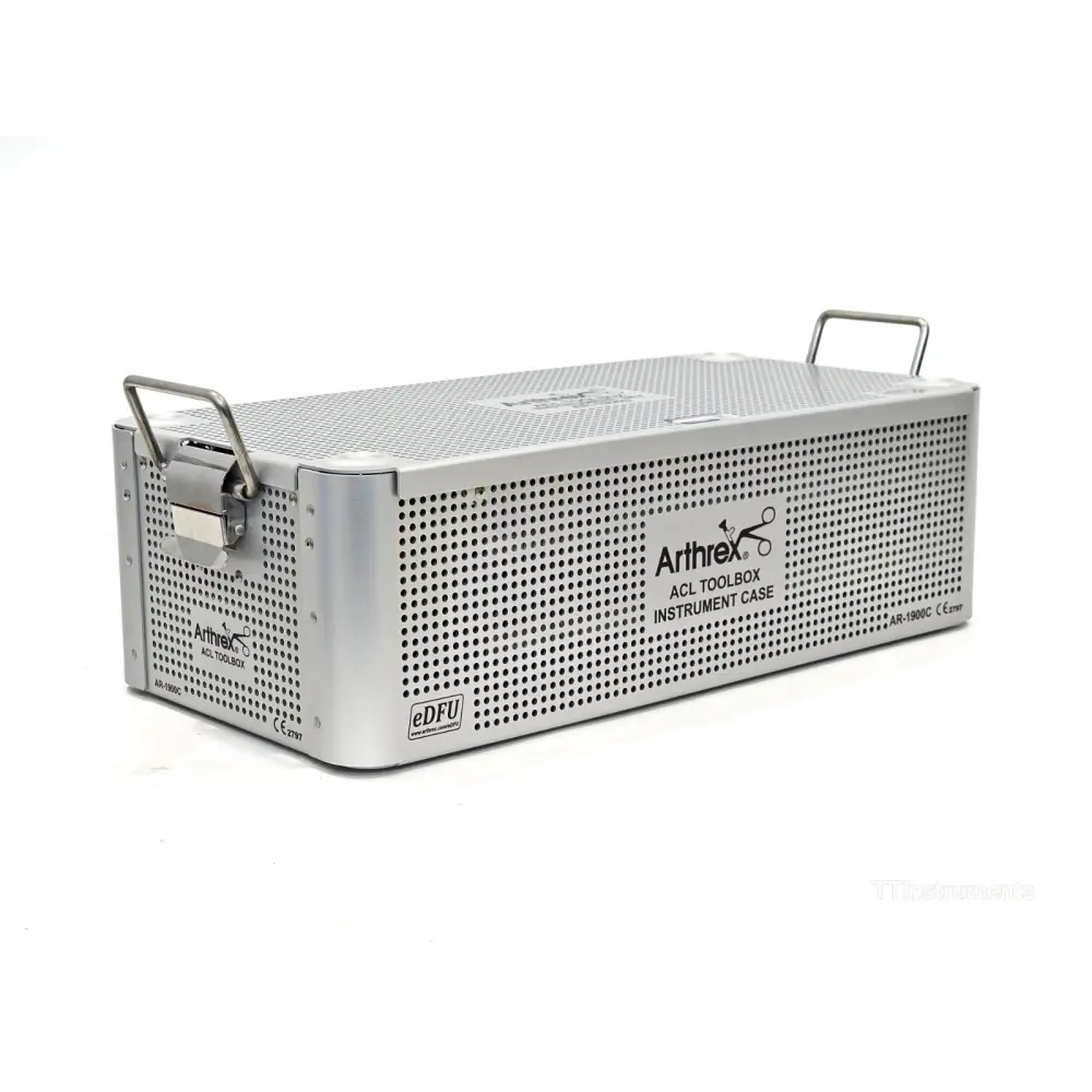 Arthrex AR-1900S ACL ToolBox case open showing three-layer internal instrument trays, no tools