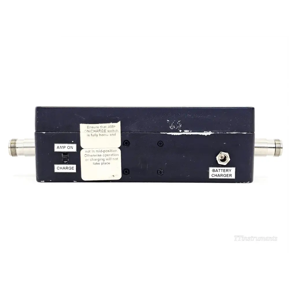 AtlanTecRF BOX-010200 base panel showing AMP ON/CHARGE toggle switch and battery charger socket