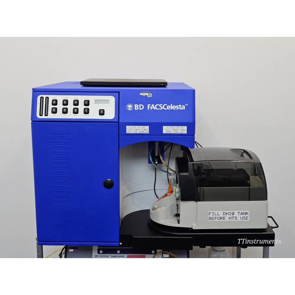 BD FACSCelesta BVR 3-laser flow cytometer front view showing control panel, BD HTS attached, warning labels