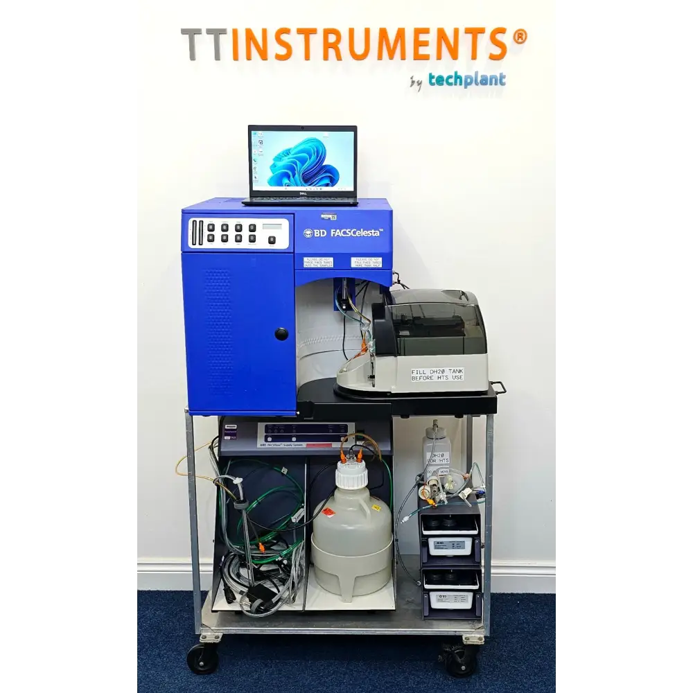 BD FACSCelesta BVR flow cytometer full system on trolley with Dell laptop, BD HTS, and FACSFlow Supply System