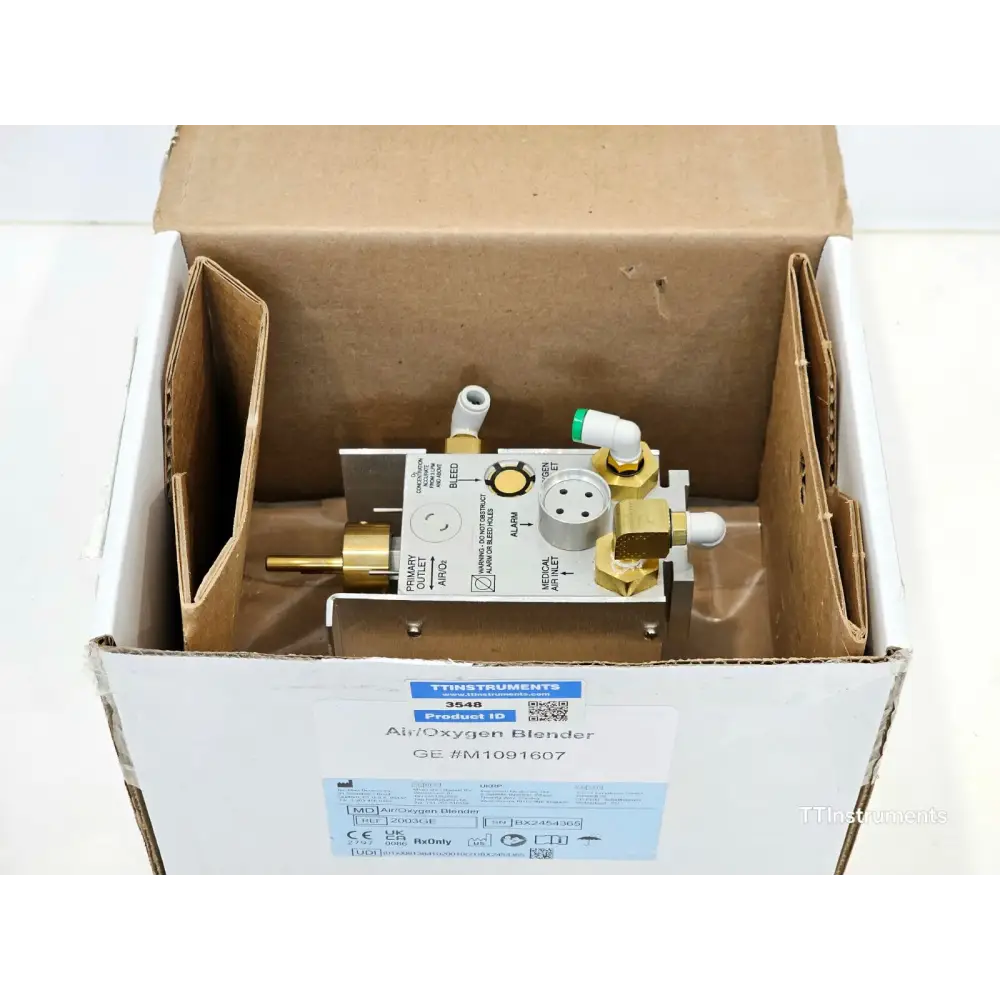 Bio-Med Devices 2003GE air oxygen blender label plate showing model number and GE Medical configuration