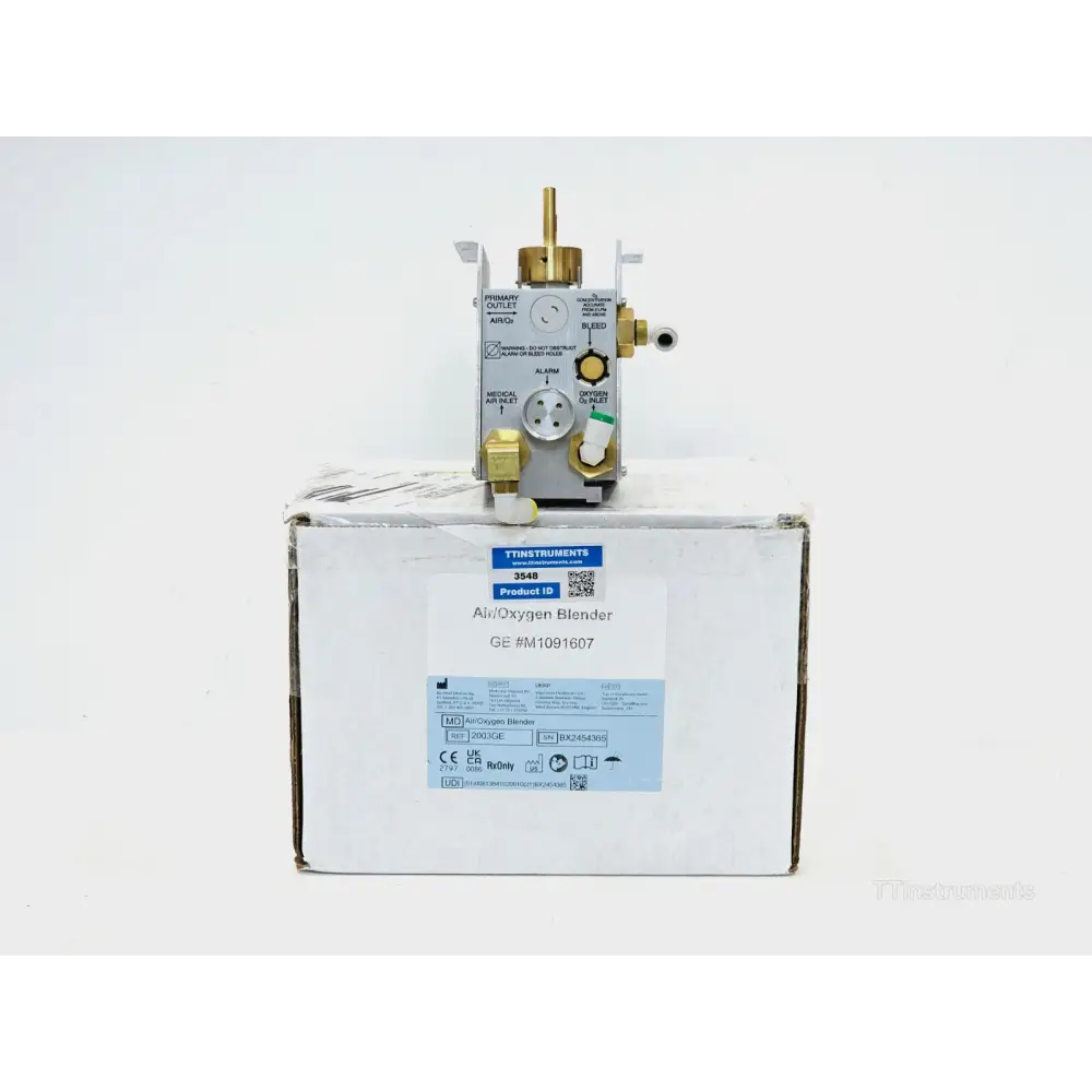Bio-Med Devices 2003GE Air Oxygen Blender front view showing concentration dial and DISS output ports
