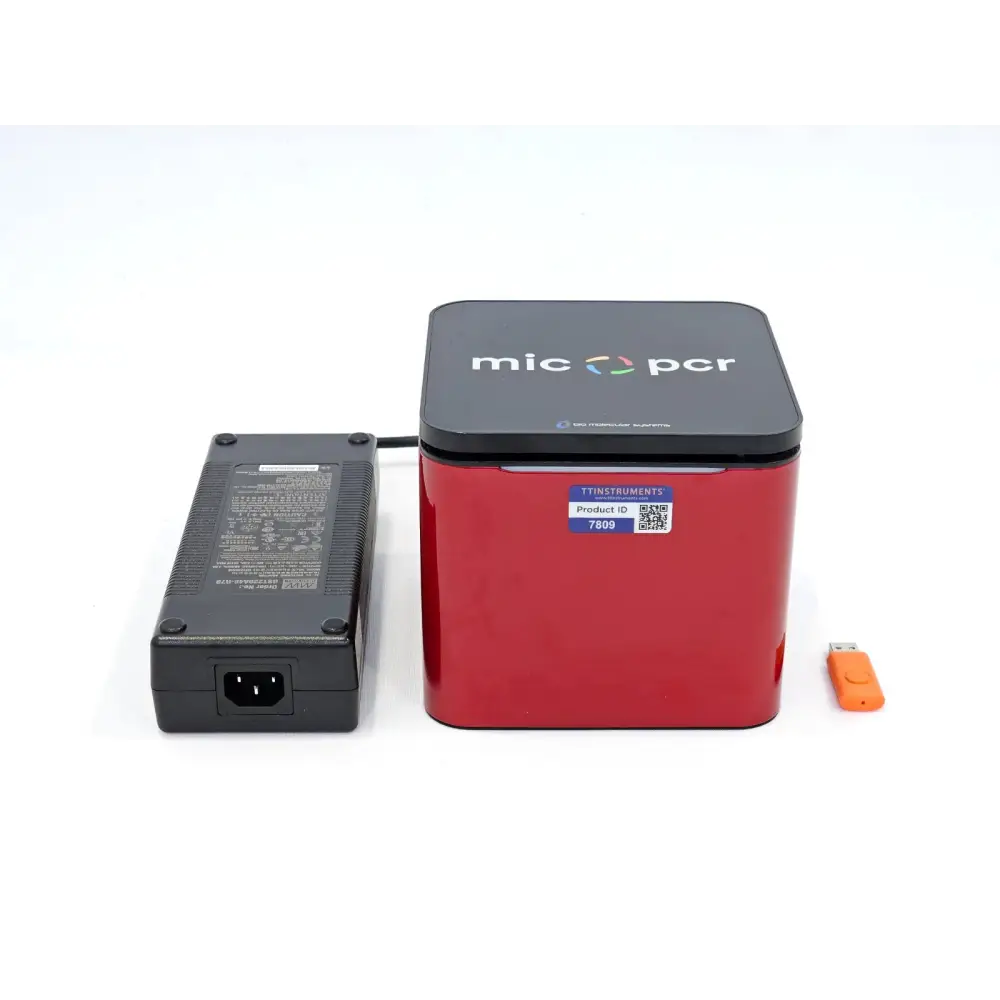 Bio Molecular Systems Mic MIC-2 HRM 2-channel qPCR cycler front view showing compact red cube housing