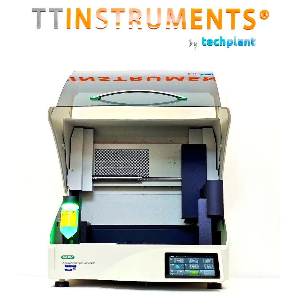 Bio-Rad AutoDG Automated Droplet Generator lid open, showing internal deck, DG32 cartridge holders and oil bottle, front 3/4 view