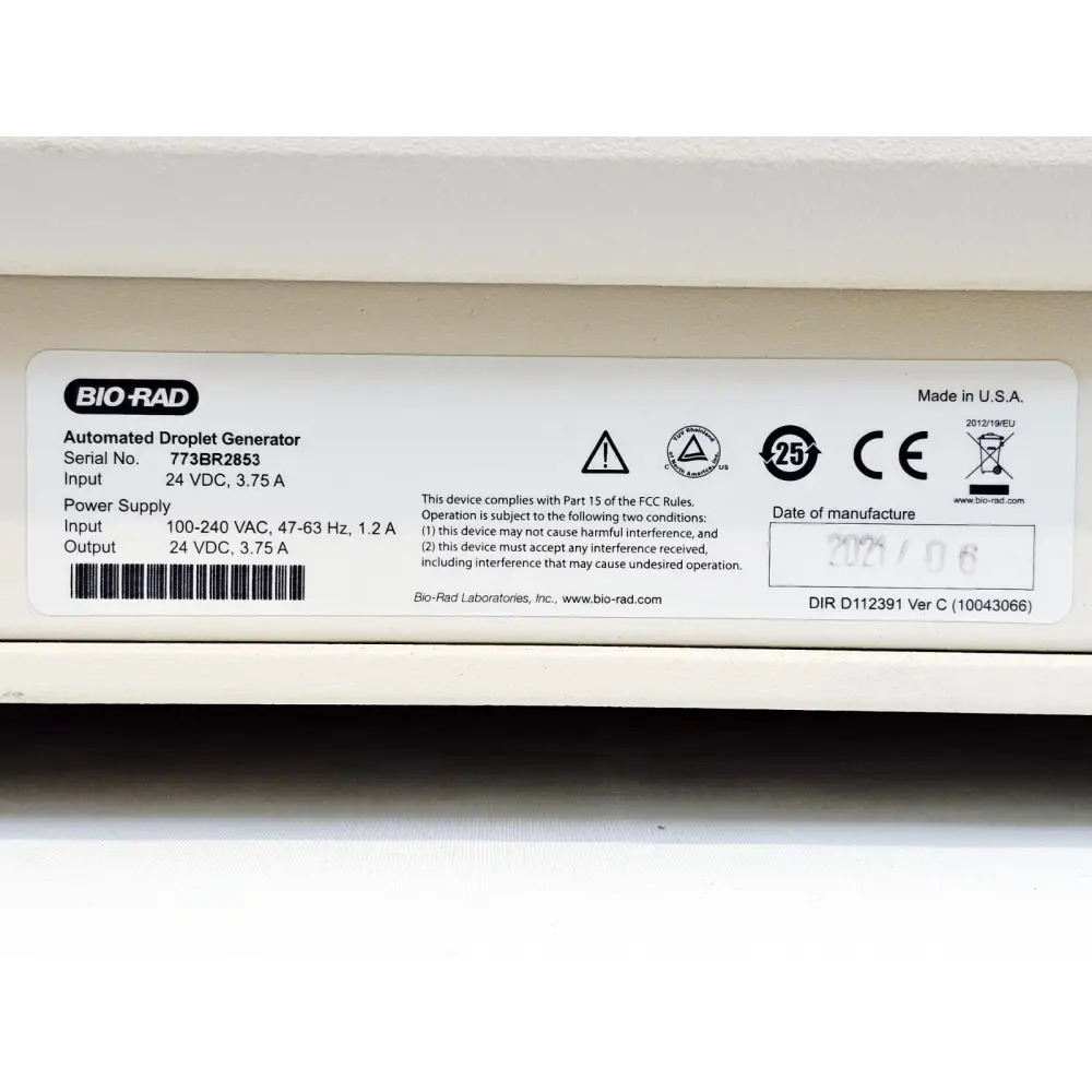 Bio-Rad AutoDG serial number label showing S/N 773BR2853, power ratings 24VDC 3.75A, date of manufacture 2021/06