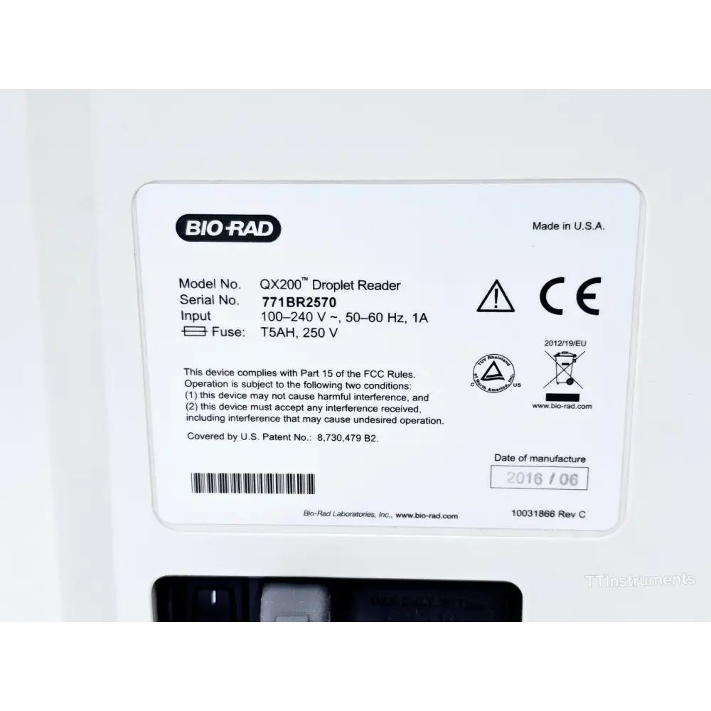 Bio-Rad QX200 Droplet Reader serial number and manufacturer label detail showing 2016 manufacture