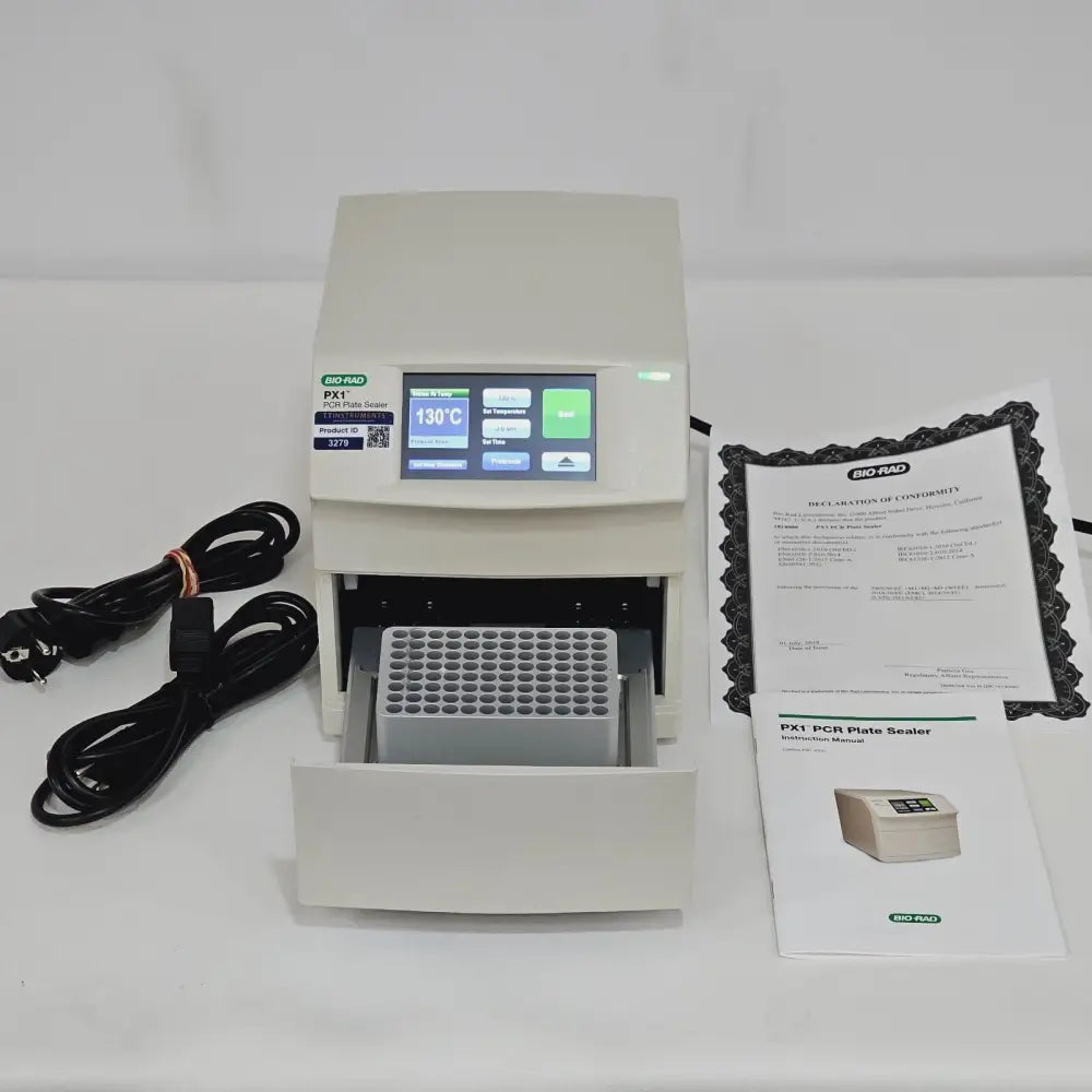 Bio-Rad PX1 PCR Plate Sealer front view showing colour touch-screen interface and drawer
