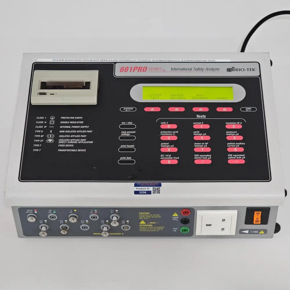 BIO-TEK 601PRO XL International Safety Analyzer front panel view showing LCD display and keypad