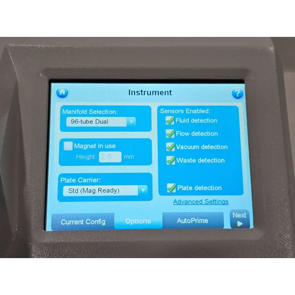 BioTek 405 TS touchscreen showing enabled options and active licence screen