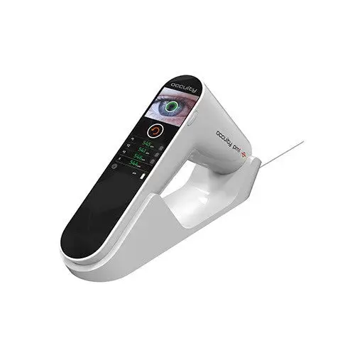 Occuity PM1 non-contact handheld pachymeter on wireless charging cradle, front 3/4 view showing touchscreen display
