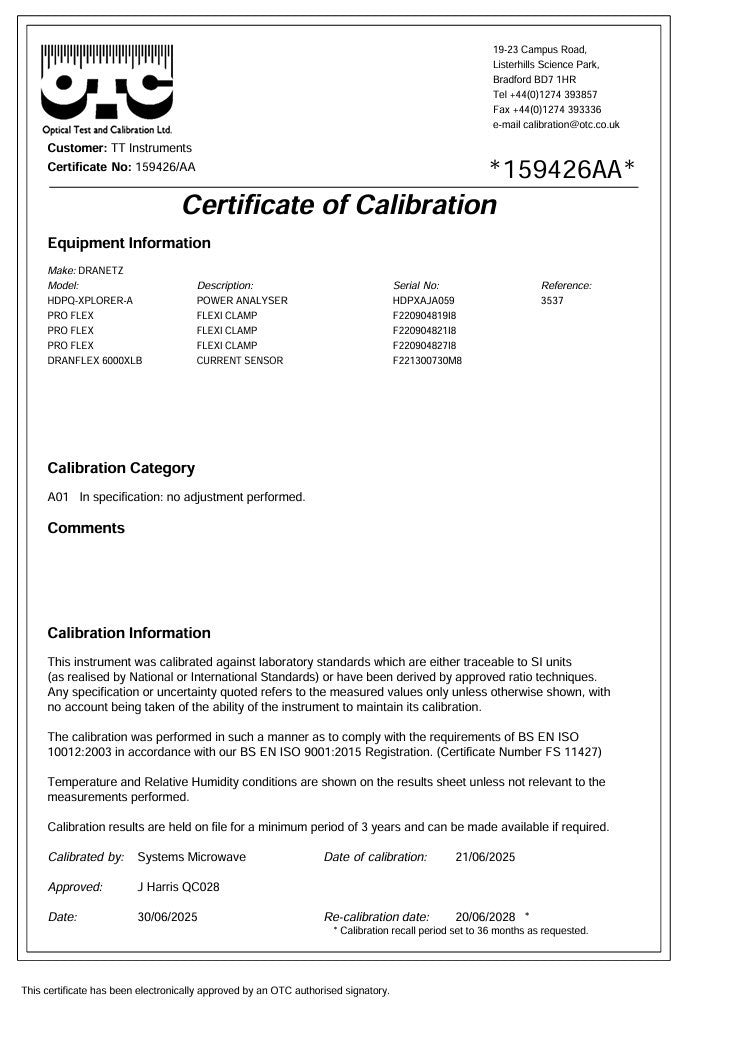 Calibrated DRANETZ HDPQ XPLORER Power Quality Monitor with DRANFLEX 6000XLB