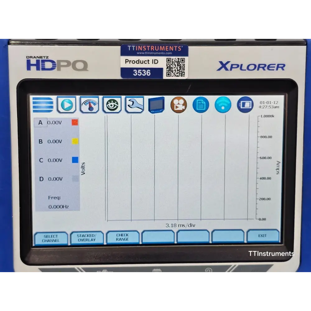 Close-up of Dranetz HDPQ Xplorer 7-inch WVGA touchscreen showing AnswerModules event analysis screen