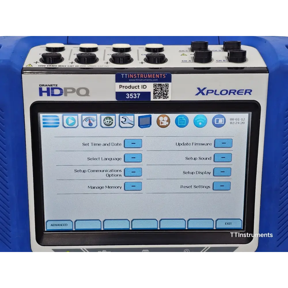 Dranetz HDPQ Xplorer dial meters screen showing real-time V, I and power factor readings