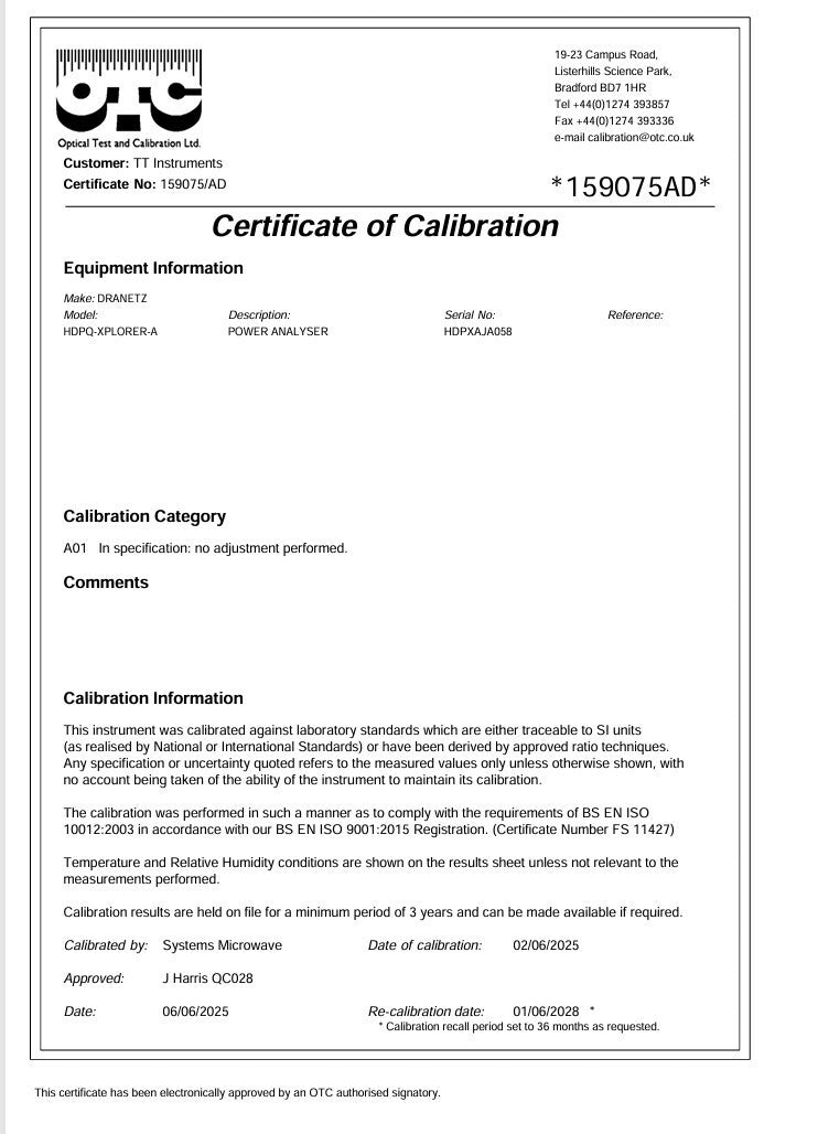 Calibrated DRANETZ HDPQ XPLORER Power Quality Monitor with DRANFLEX 3000XLB
