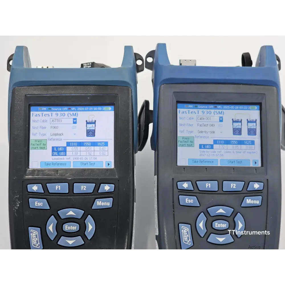 EXFO FOT-930 MaxTester II pair showing unit with scratched power meter face detail