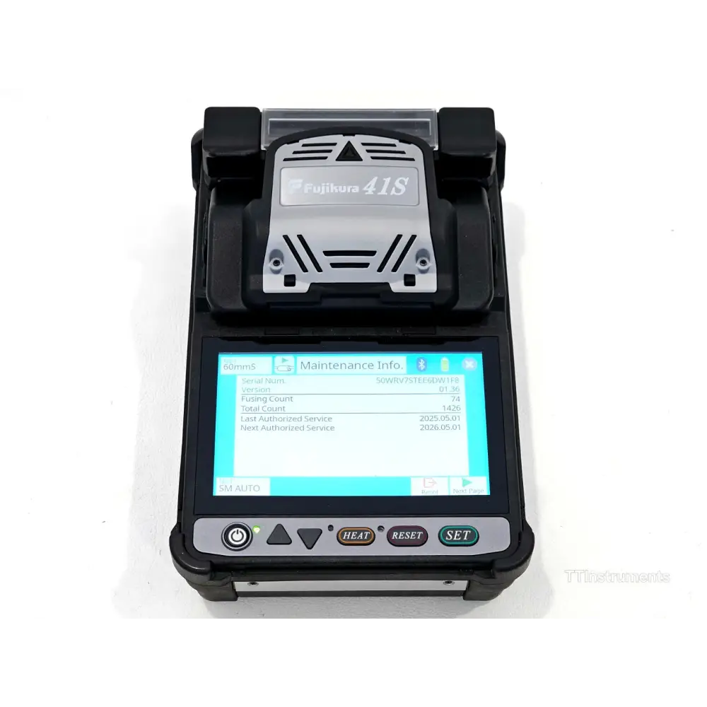 Fujikura 41S active cladding fusion splicer front view with 5-inch TFT touchscreen displayed