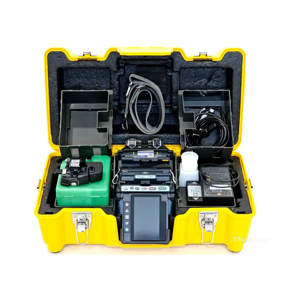 Fujikura 70S core alignment fusion splicer front view showing 4.73-inch colour LCD and wind protector