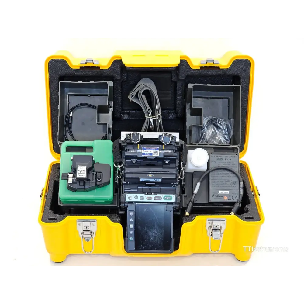 Fujikura 70S core alignment fusion splicer front view showing 4.73-inch colour LCD and wind protector