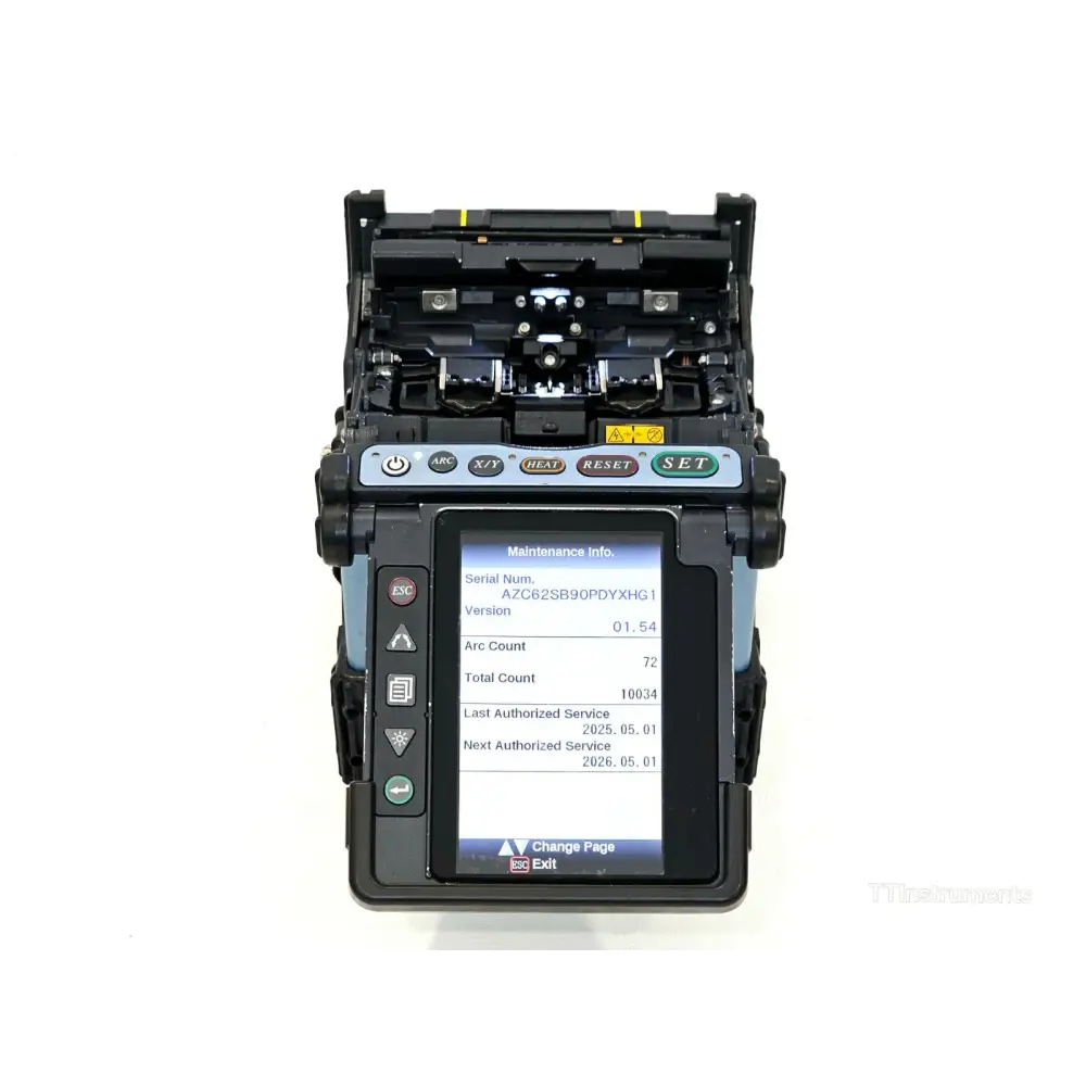 Fujikura 70S fusion splicer with BTR-09 battery, AC adapter, and hard carry case accessories