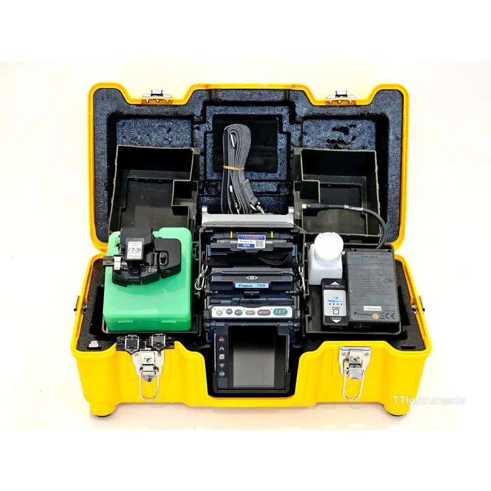 Fujikura 70S core alignment fusion splicer front view showing 4.73-inch colour LCD and wind protector